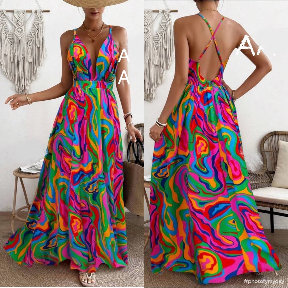 Boho Abstract Water Color Pop Art Print Crisscross Backless Open Back Maxi Dress